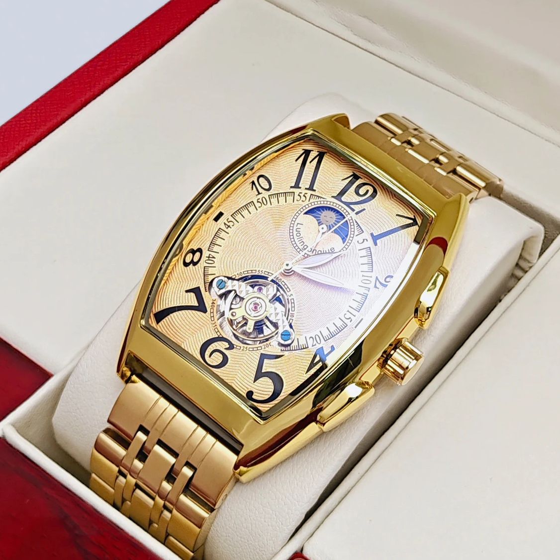 Luxury Watch Tier - Top-Tier-Luxus-Tonnenförmige mechanische Business-Herrenuhr, Automatikaufzug, Skelett-Design, Edelstahlarmband,