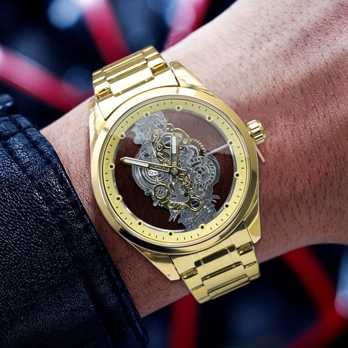 Luxury Watch Tier - Top-Tier Luxus-Business-Automatik-Herrenuhr, rundes Zifferblatt, doppelseitiges Skelett-Design,